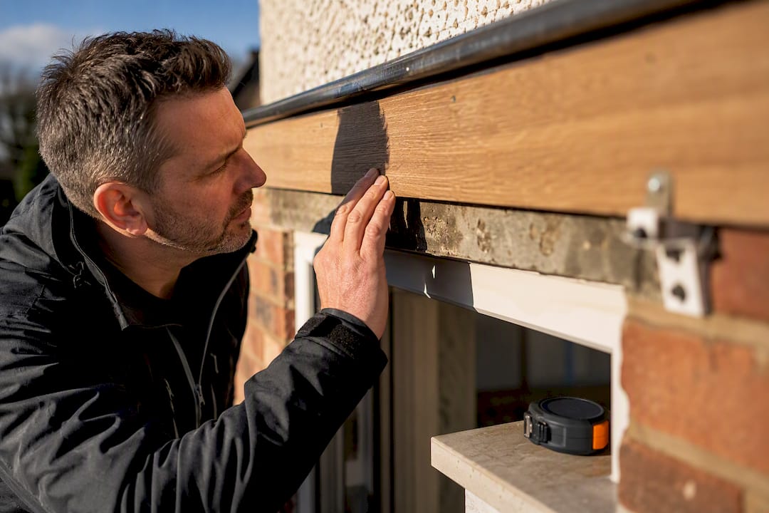 Installer inspecting fascia and lintel junction