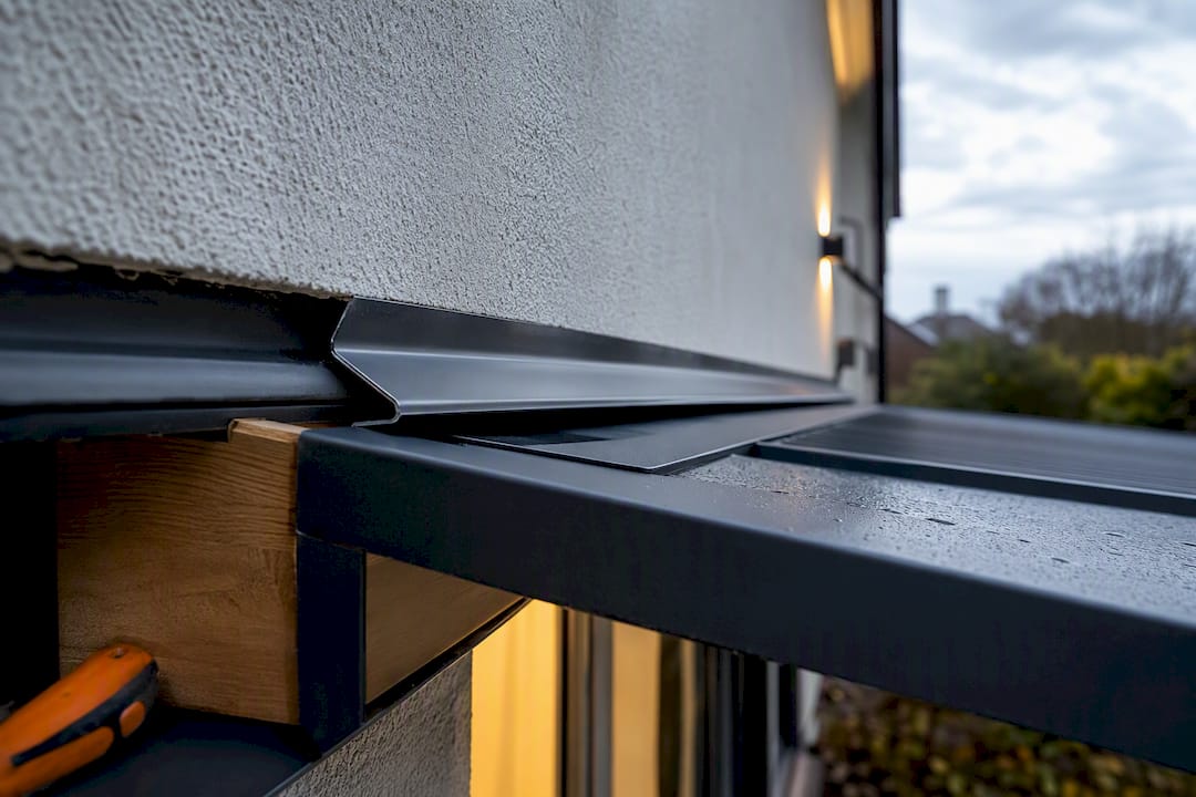 Z flashing protecting pergola wall junction