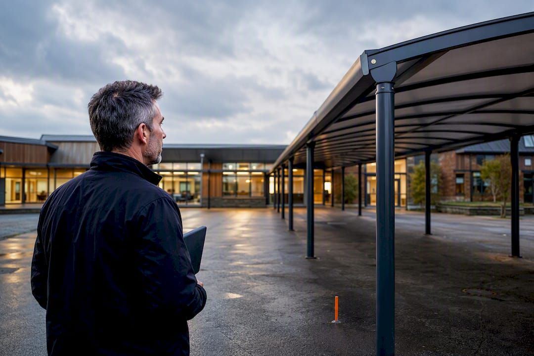 UK school courtyard with modular canopy bays