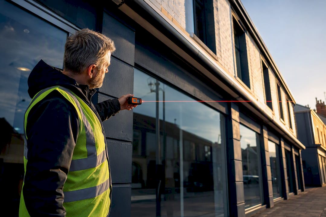 Surveyor measuring a commercial shopfront frontage
