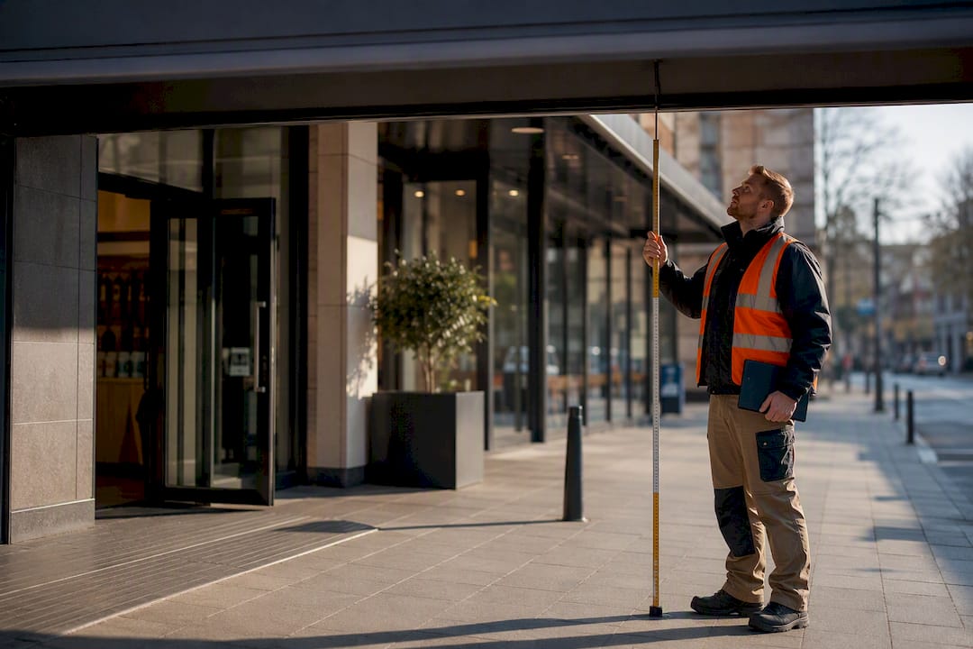 Surveyor checking awning pedestrian headroom