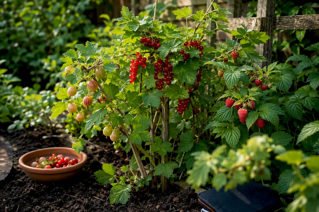 Currants gooseberries and raspberries growing