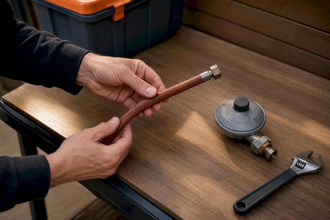 Hands checking LPG regulator and gas hose