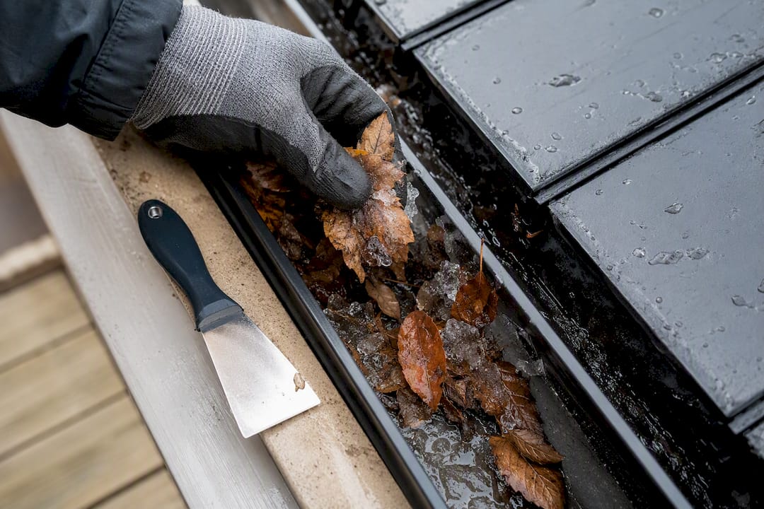 Hand clearing ice and leaves from gutter