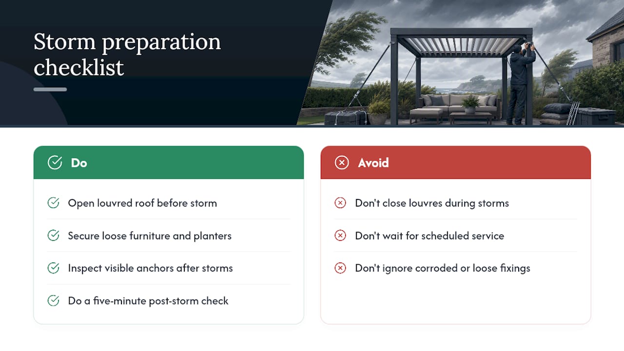 What happens to pergola wind resistance during extreme weather events — overview diagram