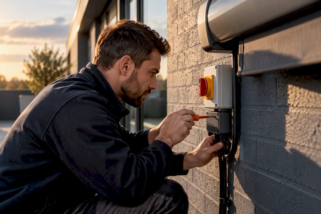 Electrician checking outdoor awning isolation switch