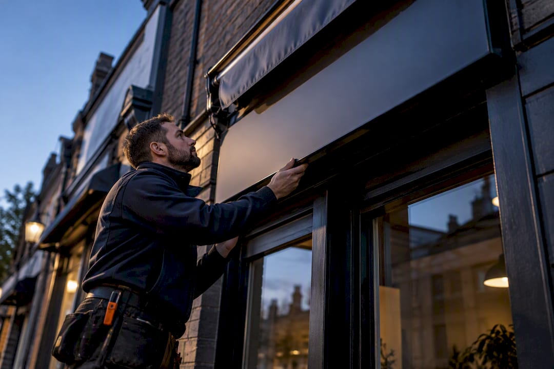 Installer inspecting blank awning sign panel