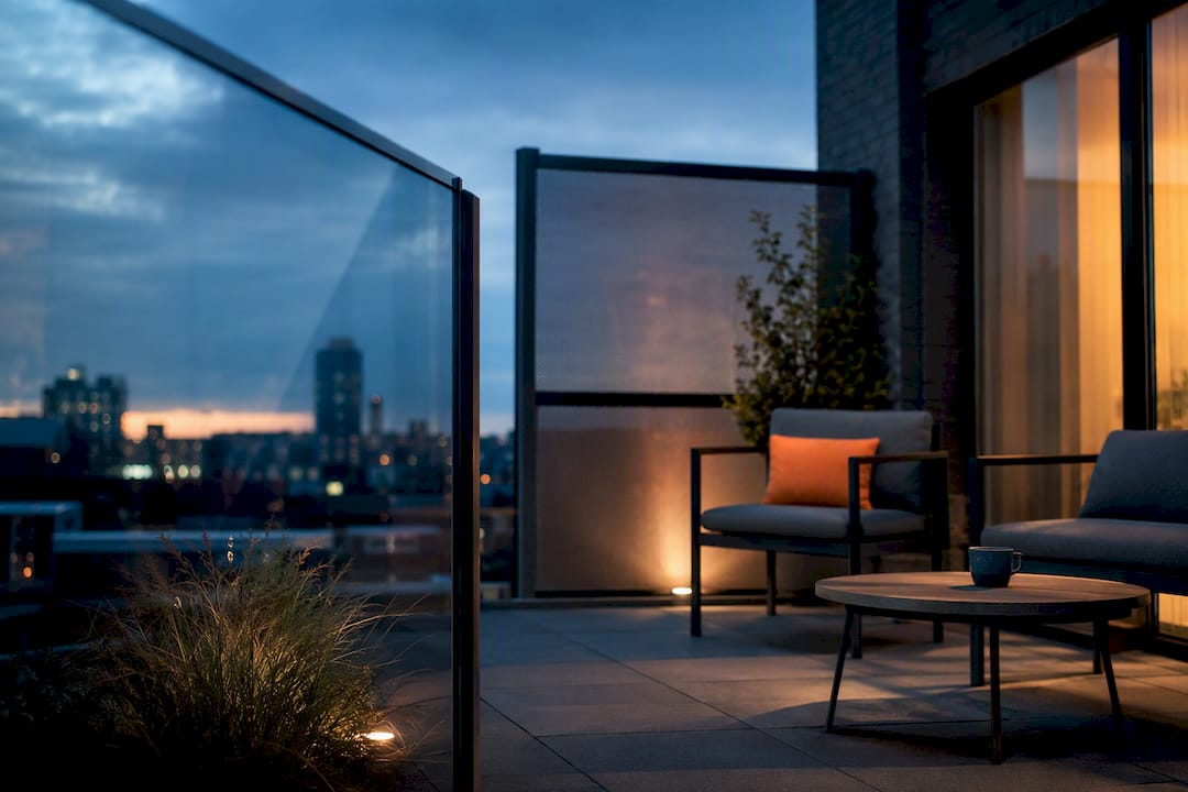 Sheltered UK rooftop terrace with wind screens