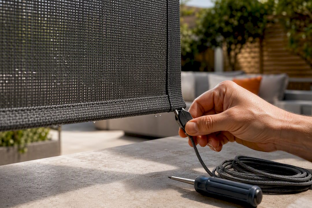 Close-up of open-weave terrace mesh blind