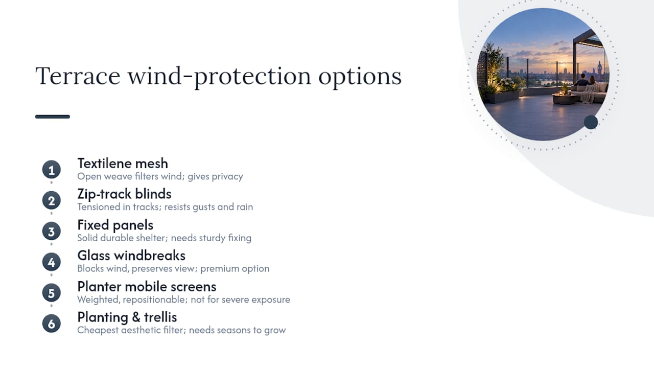 Comparison of six terrace wind protection options