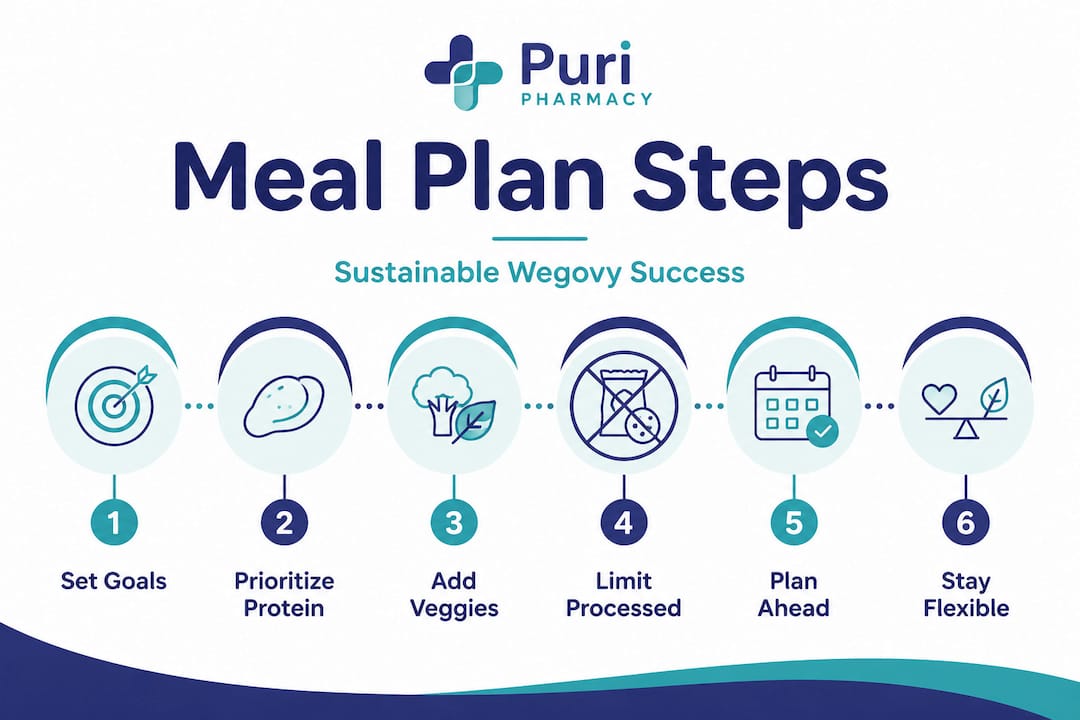 Infographic showing step-by-step Wegovy meal planning process