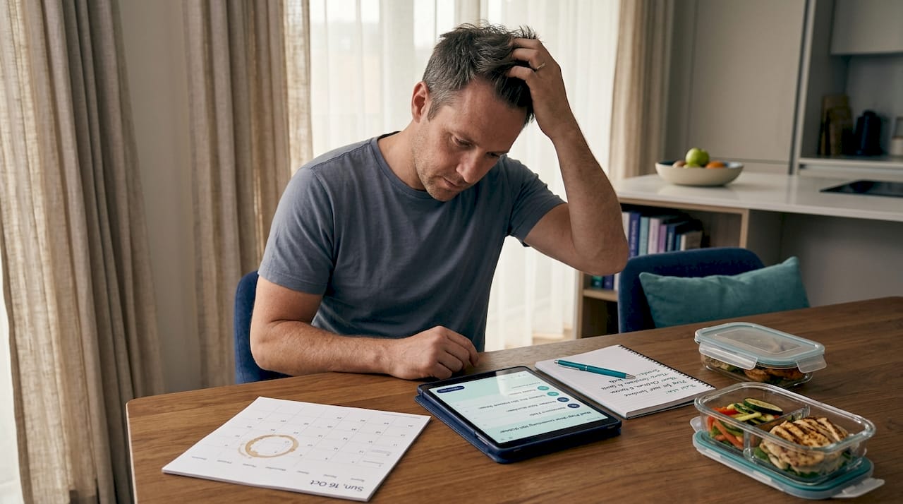 Man preparing meal plan at dining table with tablet