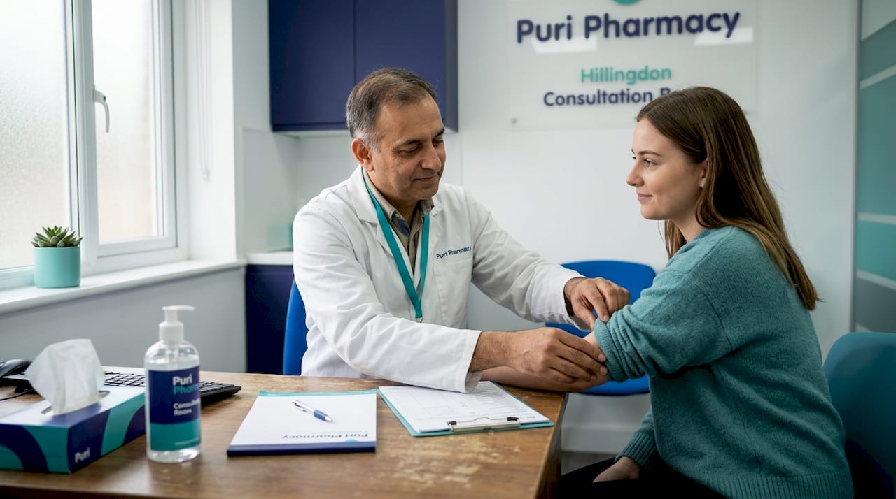 Pharmacist consults patient before vaccination