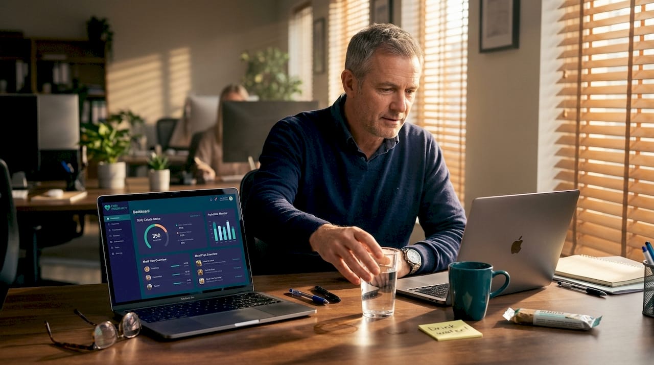 Man reaching for water at office desk