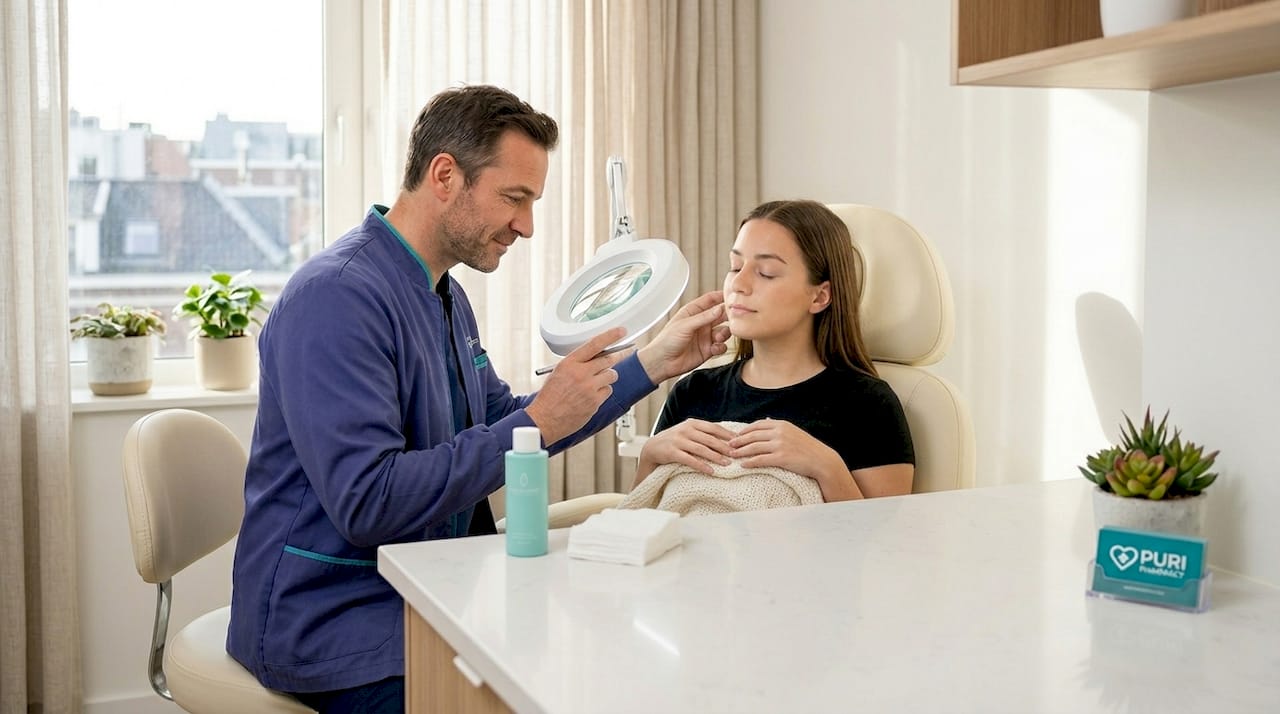 Provider performing skin assessment for client