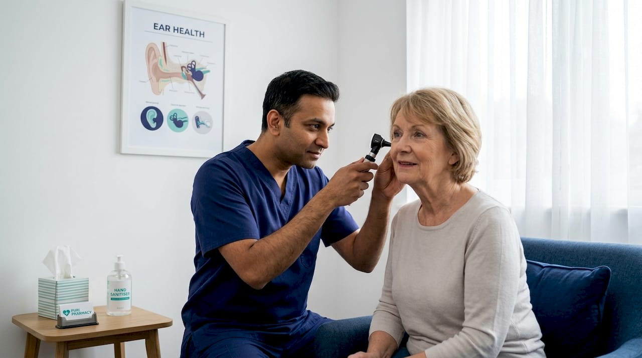 Pharmacist checking an elderly woman’s ear