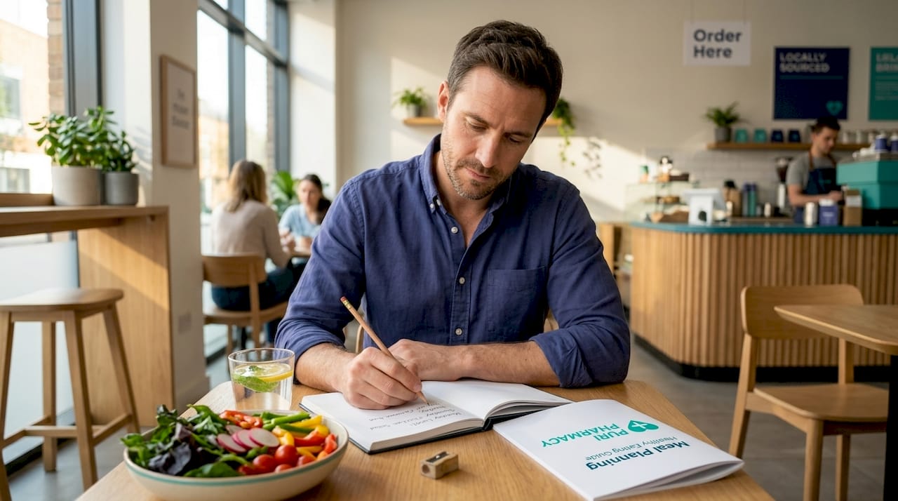 Man journaling meal plan in home dining area