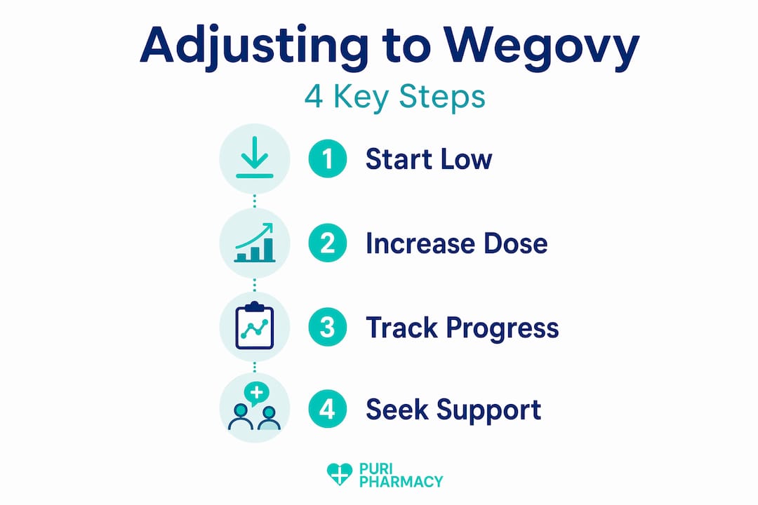 Vertical step infographic: adjusting to Wegovy process