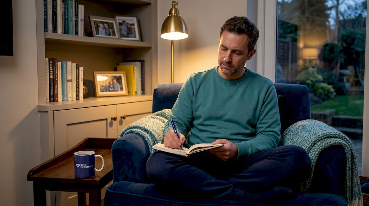 Man journaling on sofa with evening lamp light