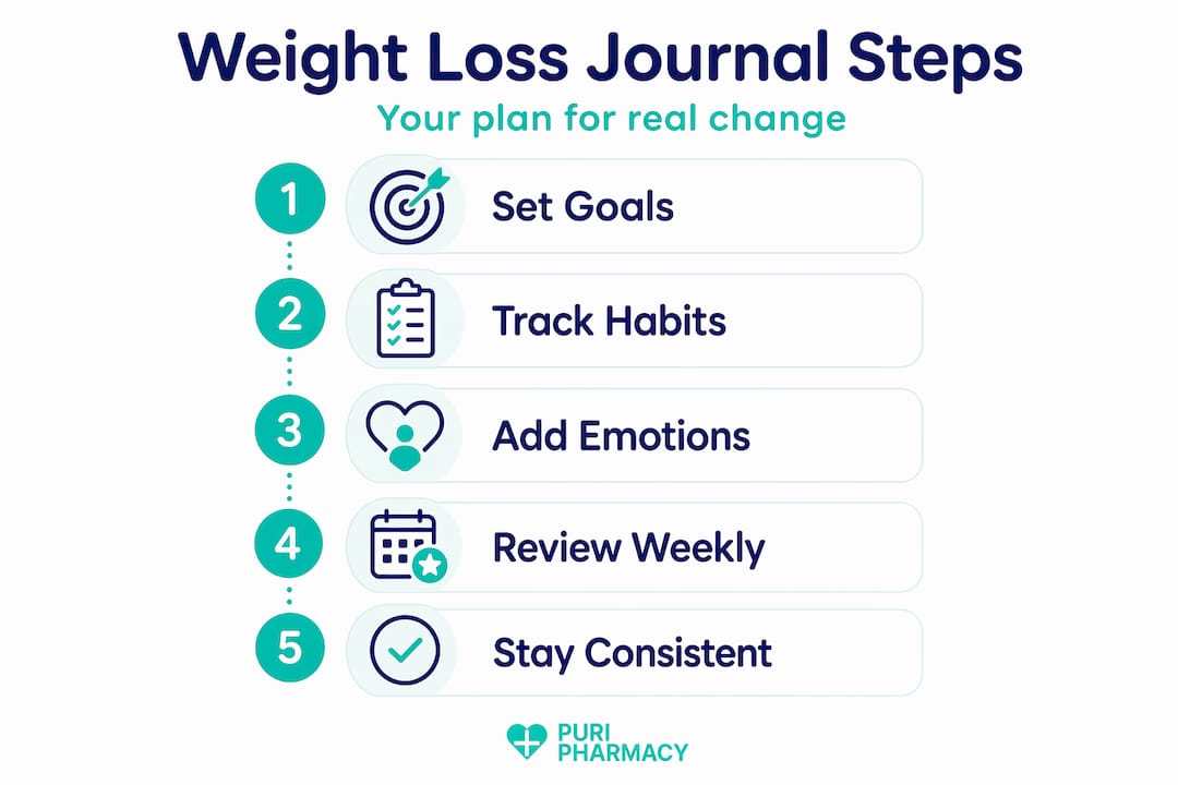 Vertical infographic showing five journal process steps