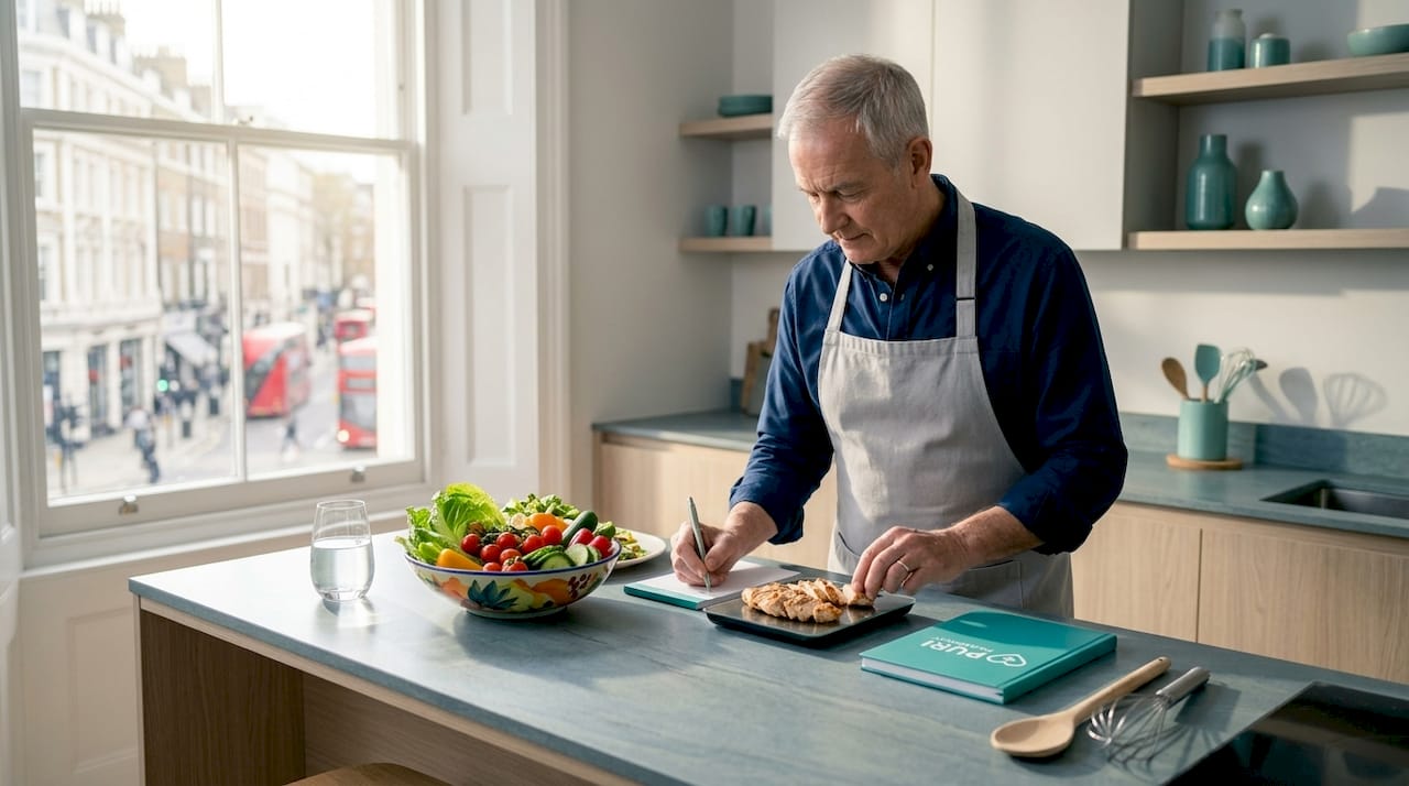 Older man weighing salad ingredients at home