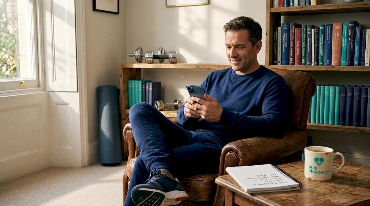 Man scheduling workout in home living room