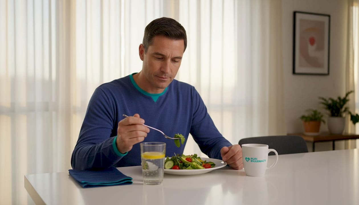 Man pausing while eating salad mindfully