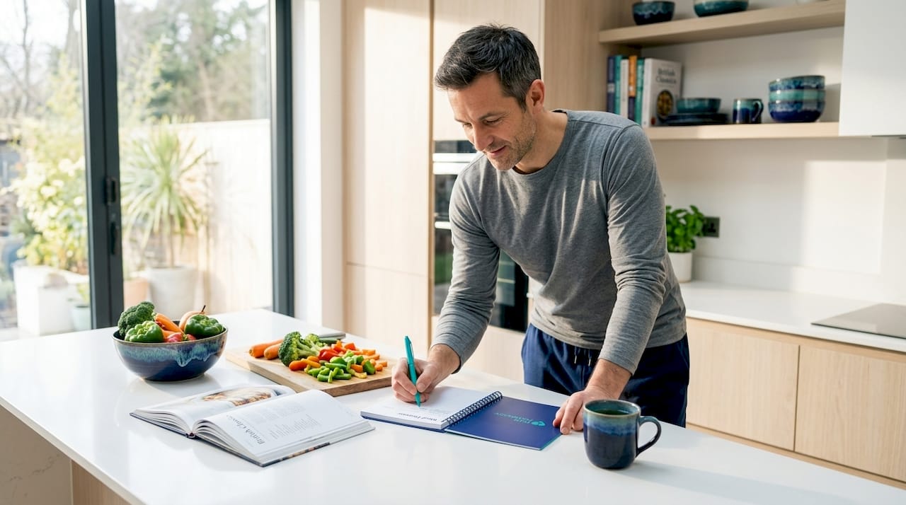 Man meal planning at kitchen counter
