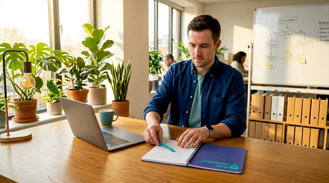 Man organizing desk in bright open workspace