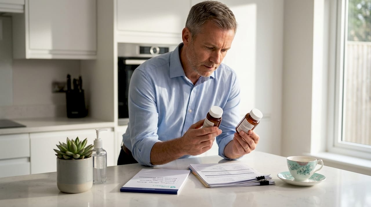 Man inspecting prescription labels at kitchen counter