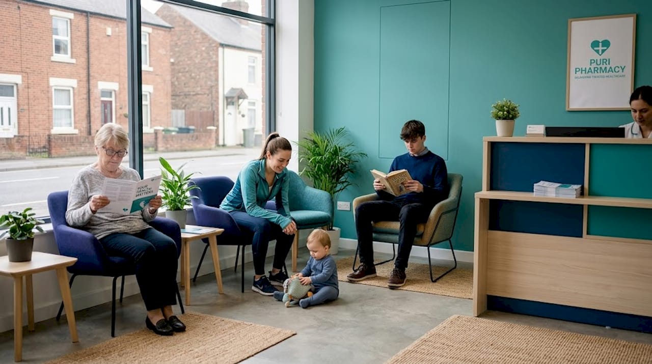 Diverse patients in pharmacy clinic waiting area