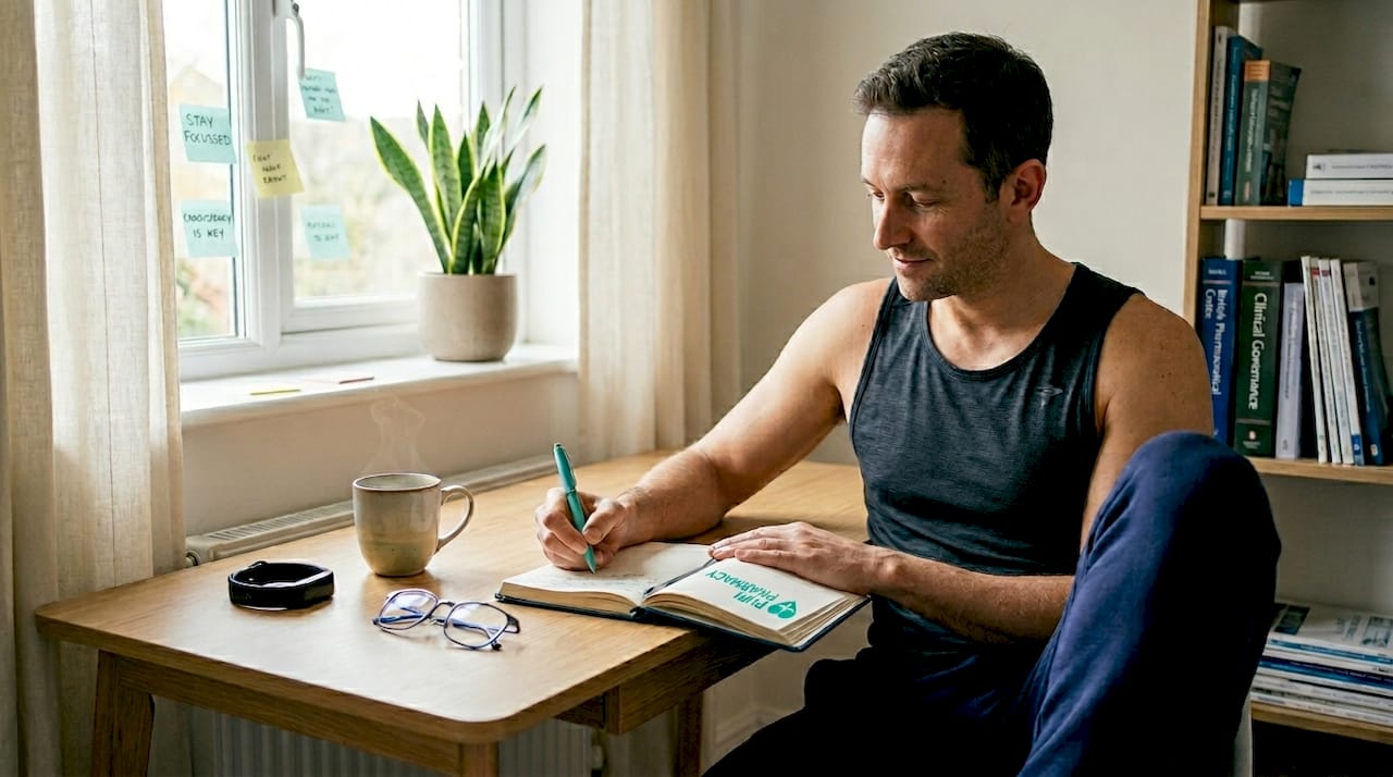 Man journaling weight tracking habits in living room