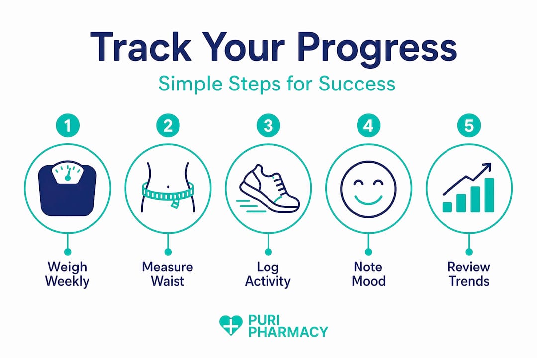 Infographic showing five steps for tracking weight loss