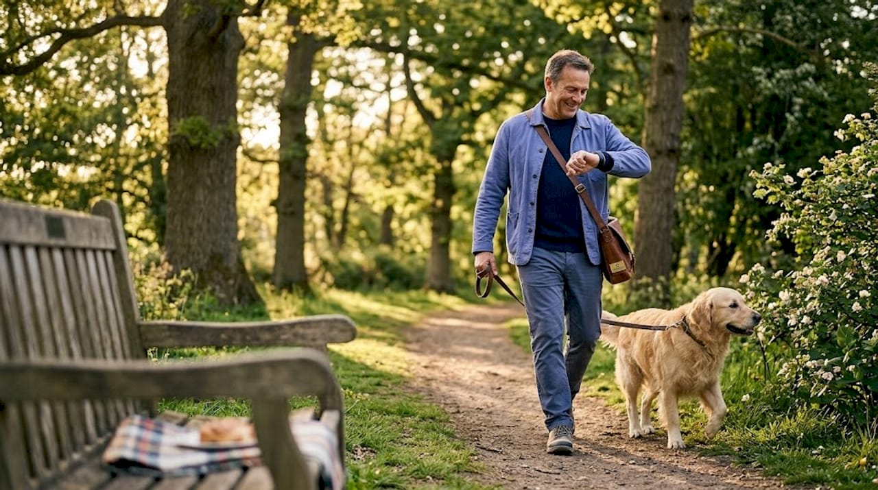 Man walking in park checking fitness tracker