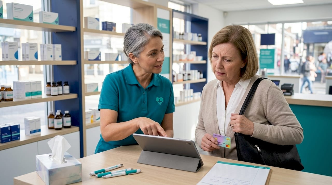 Pharmacy staff helps customer with insurance crisis