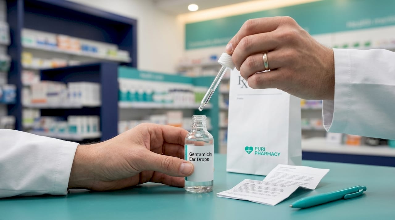 Closeup showing antibiotic ear drops bottle