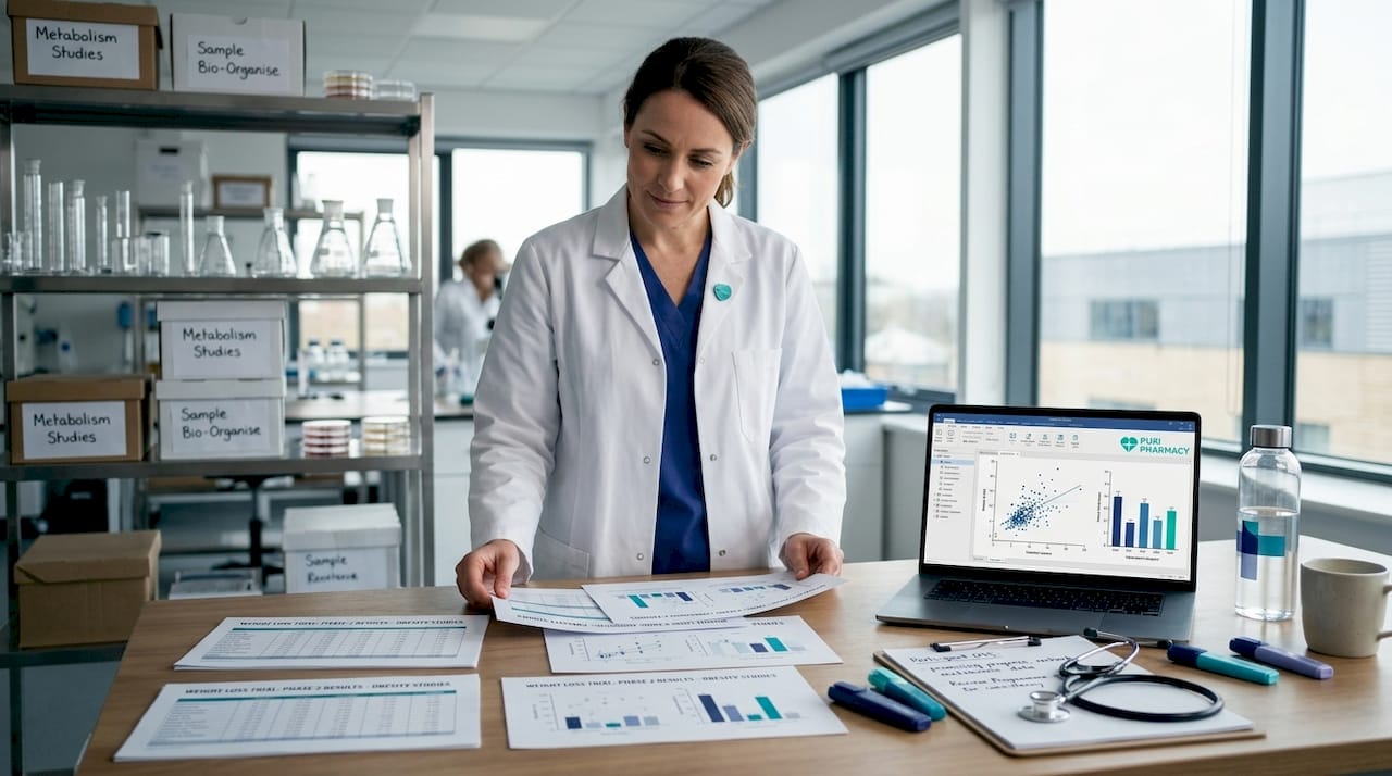 Researcher reviewing weight loss trial data in lab