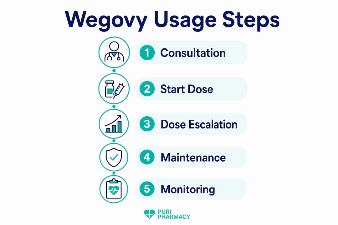 Infographic illustrating steps for using Wegovy