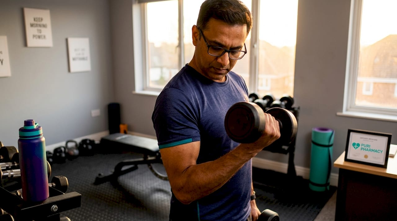 Man lifting dumbbells in fitness studio