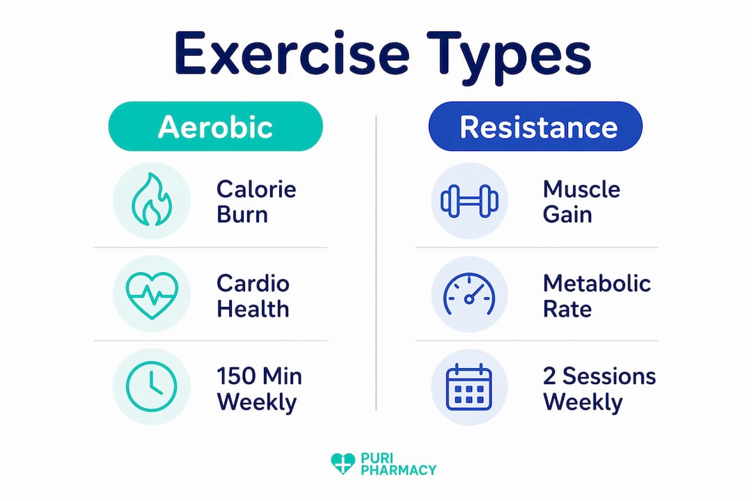 Infographic comparing aerobic and resistance exercise benefits