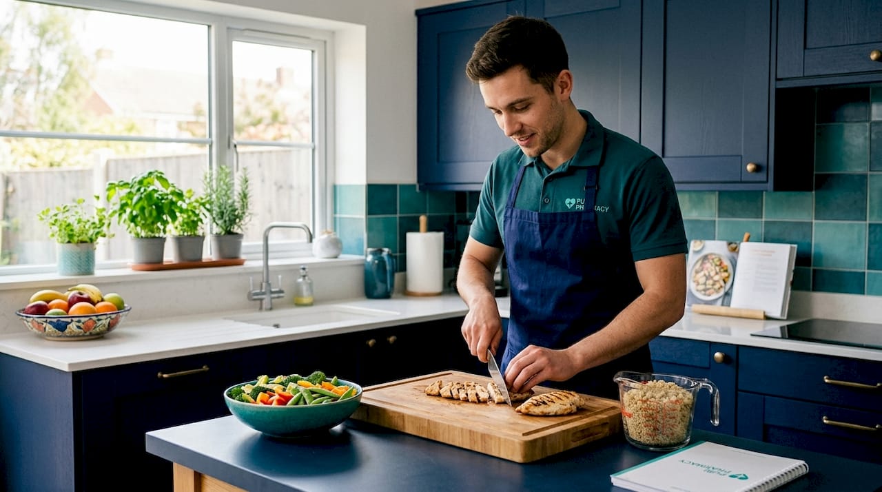 Man preparing protein-rich meal in kitchen