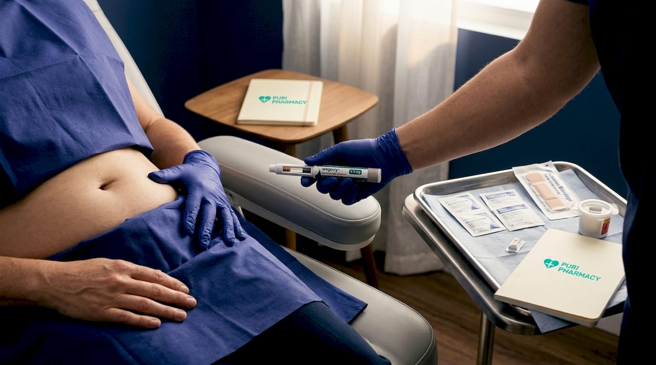 Close-up of correct Wegovy injection technique on abdomen
