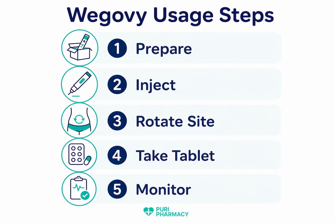 Infographic showing Wegovy usage steps in order