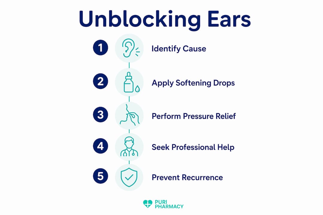 Infographic showing steps to treat blocked ears