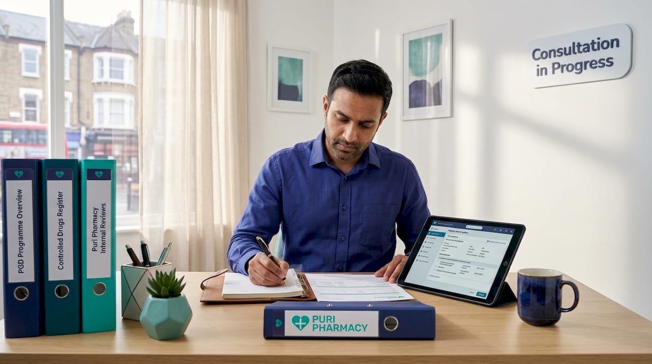 Pharmacist reviewing prescriptions in consultation room