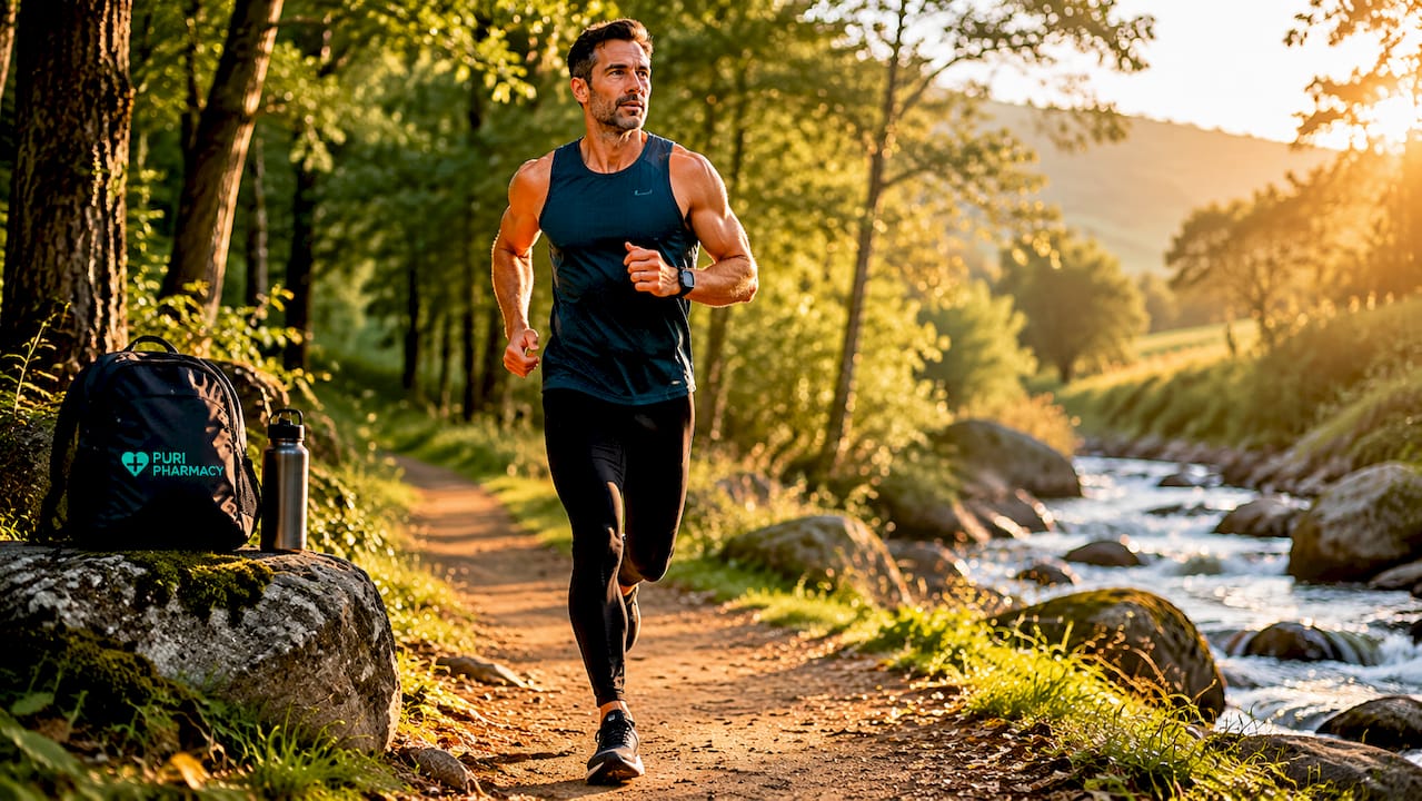 Man jogging in tree-lined park pathway