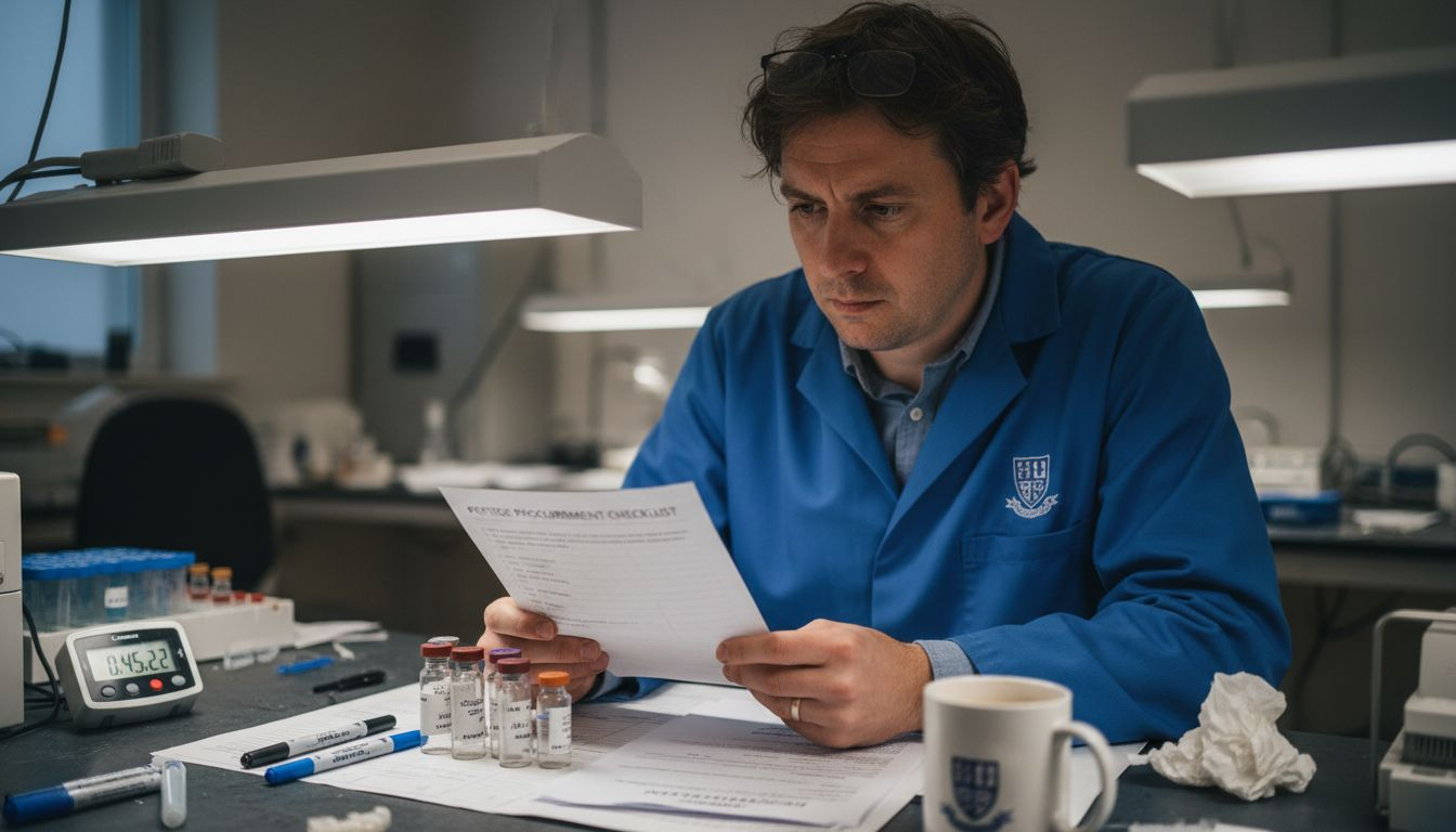 Lab manager reviews peptide procurement checklist