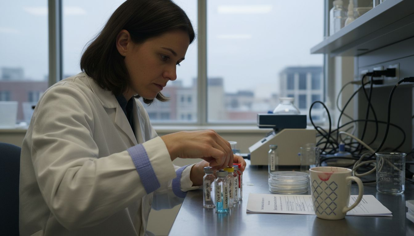 Scientist organizing peptide labels in laboratory