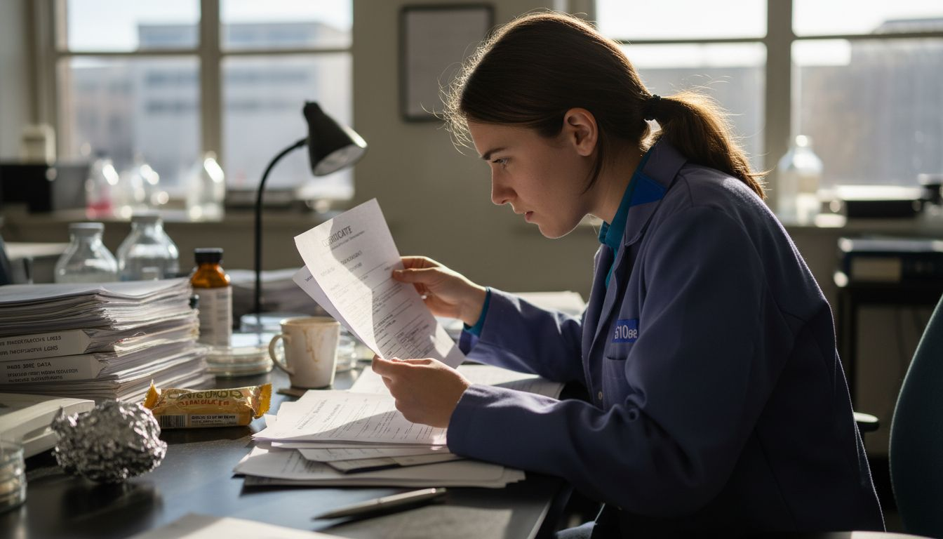Technician reviewing peptide purity documentation