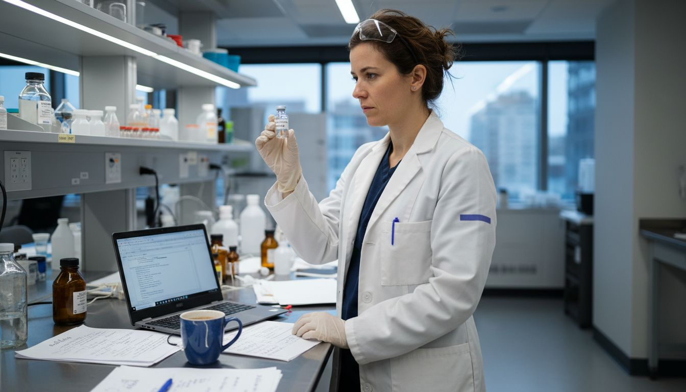 Scientist analyzing peptides in busy laboratory